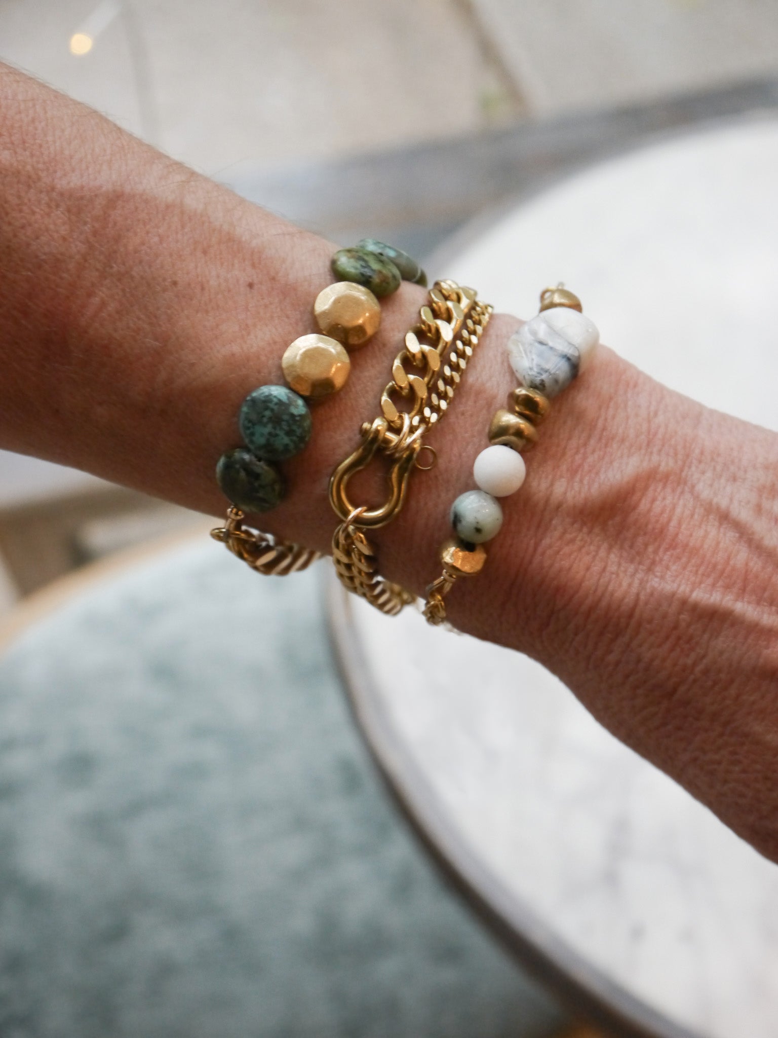 Turquoise Coin and Gold Mixed Chain Bracelet
