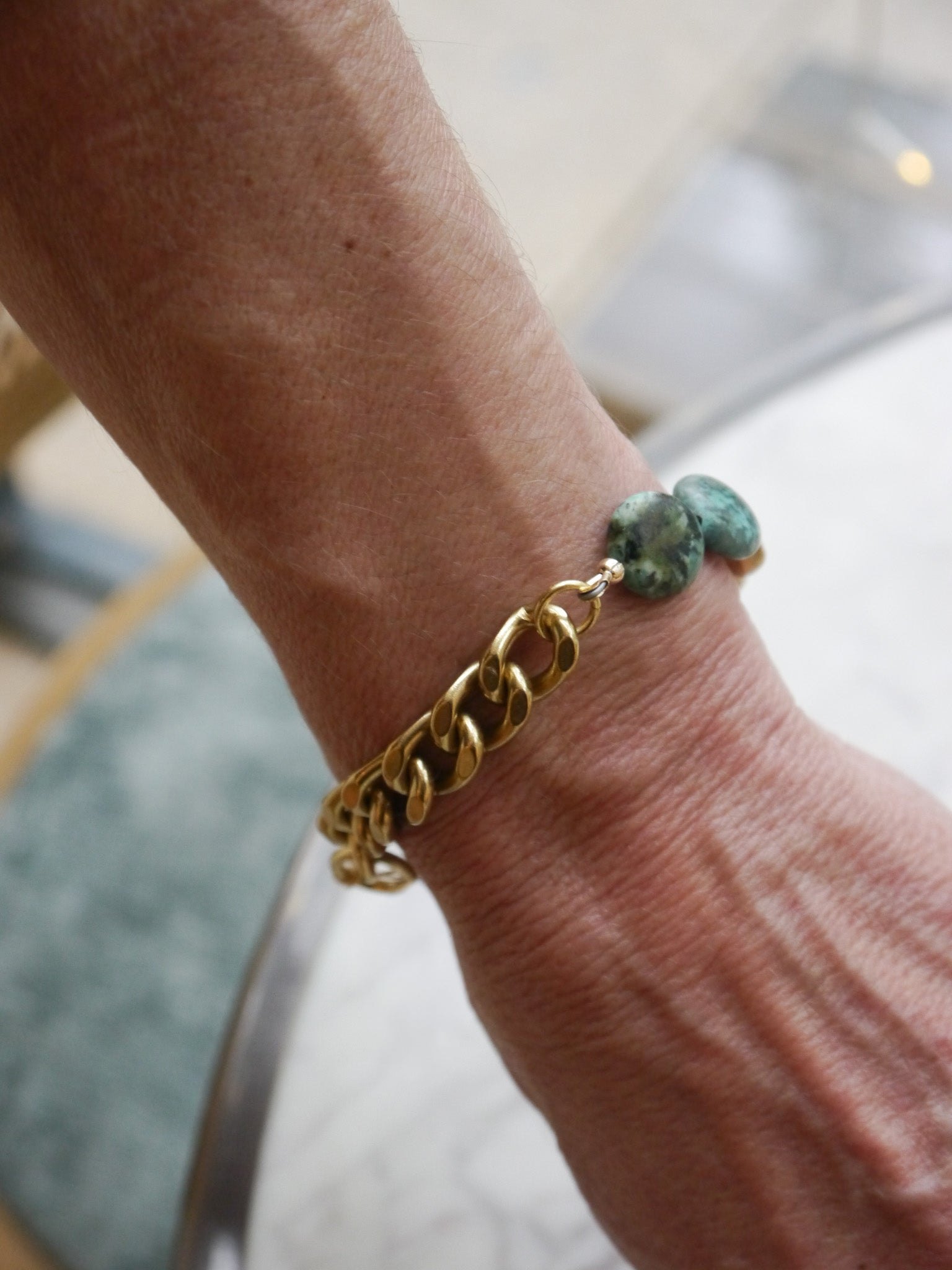 Turquoise Coin and Gold Mixed Chain Bracelet