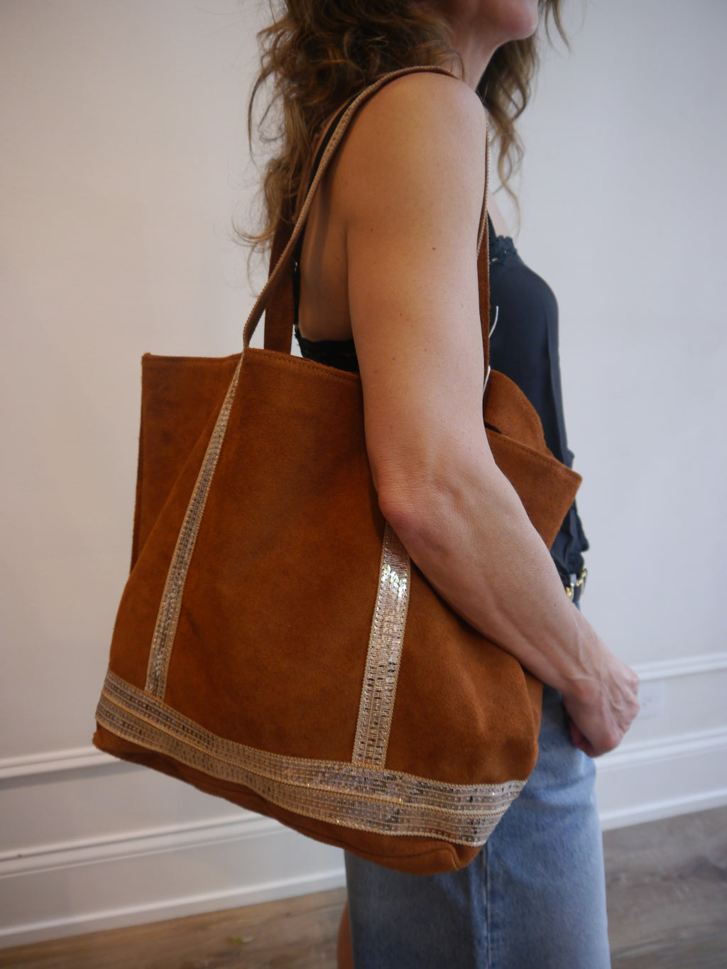 Suede Tote with Beaded Detail