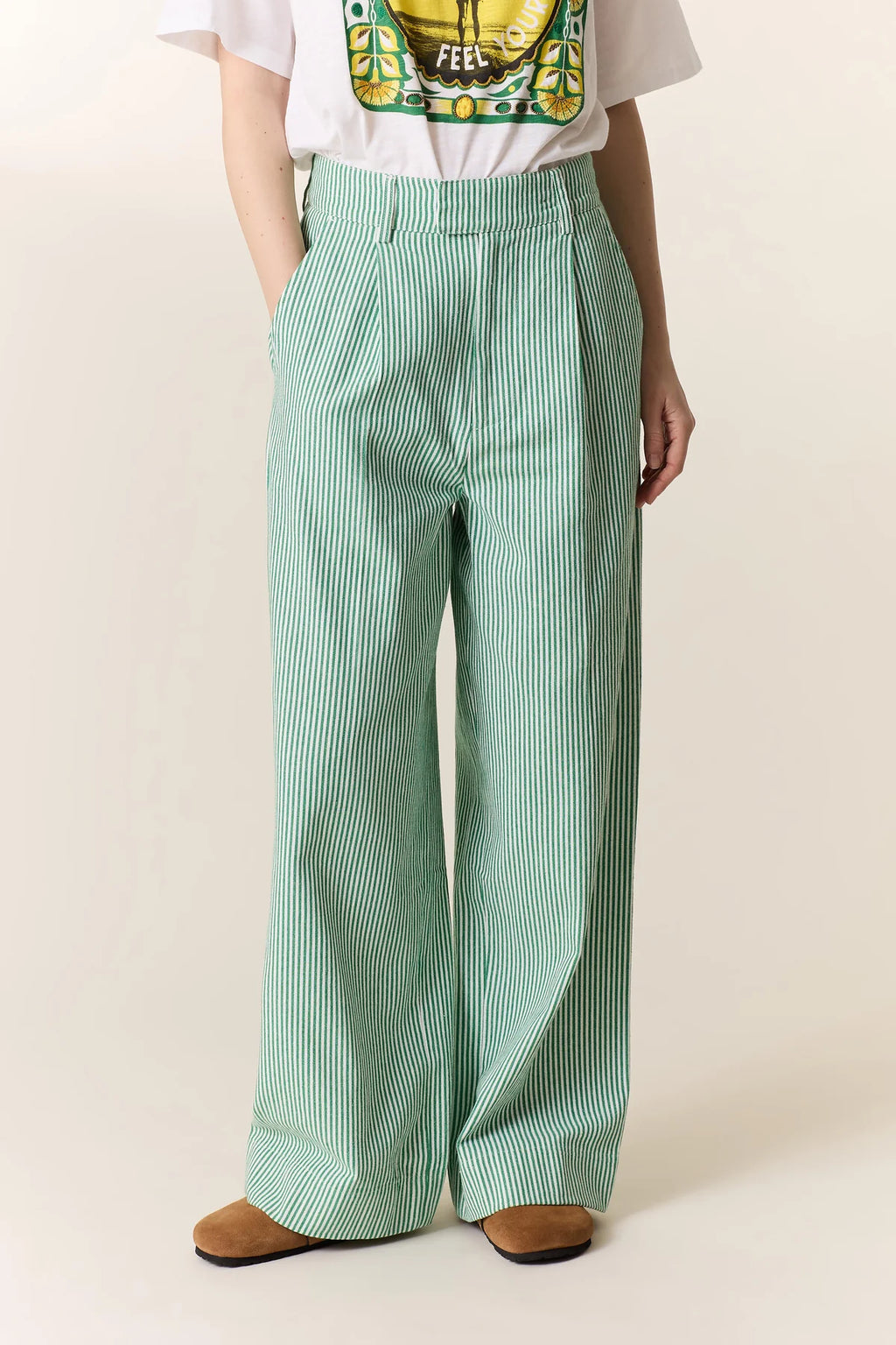 Pasha Striped Pant | Green and white striped cotton trousers