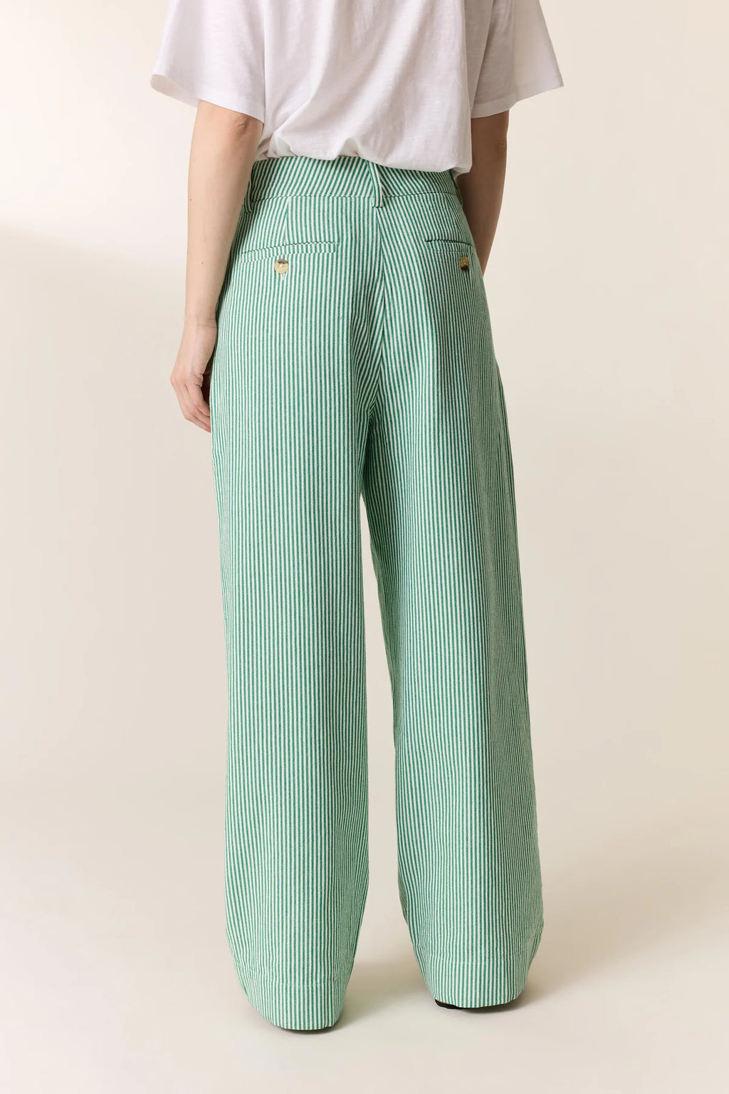 Pasha Striped Pant | Green and white striped cotton trousers