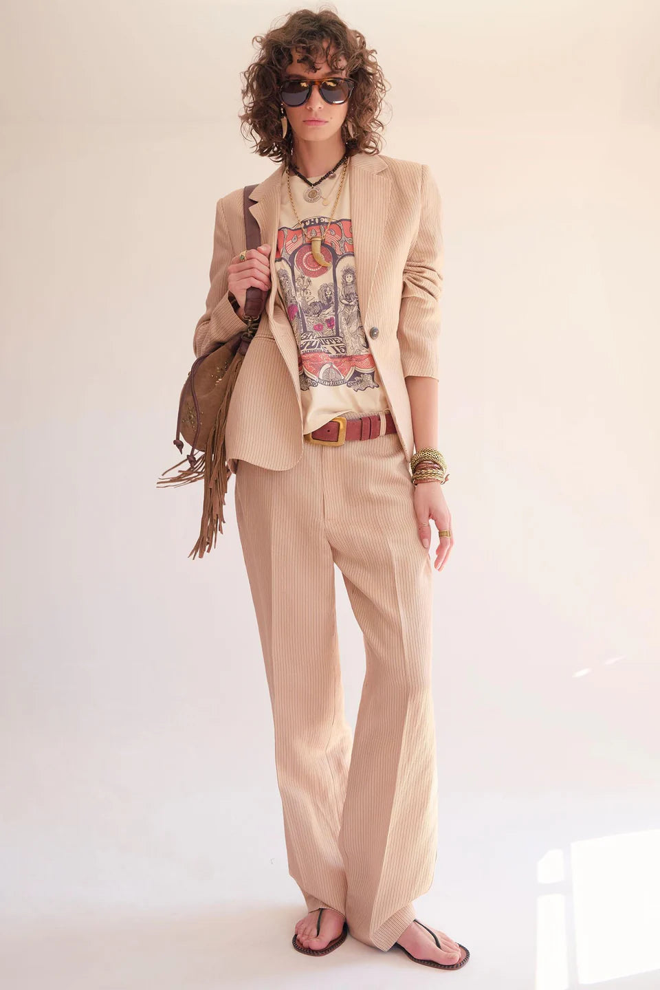 Sand and Brown Striped Lyocell Blend Blazer Jacket