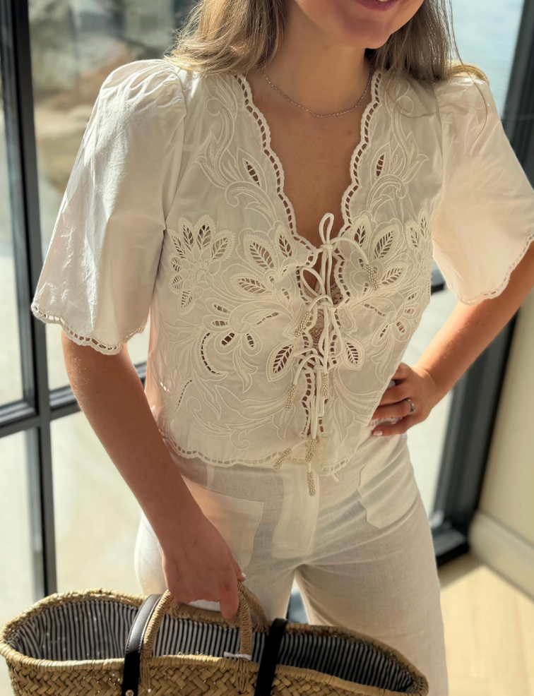 Vinetta Blouse | White Scalloped Tie Front Top