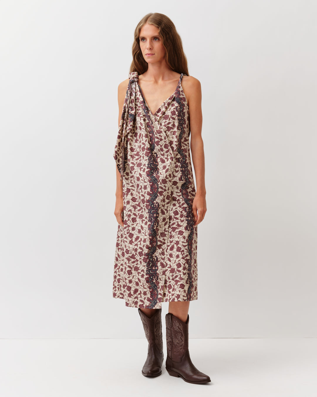 Cotton Abstract Floral and Stipe Tank Midi Dress