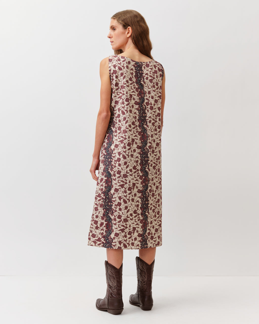 Cotton Abstract Floral and Stipe Tank Midi Dress