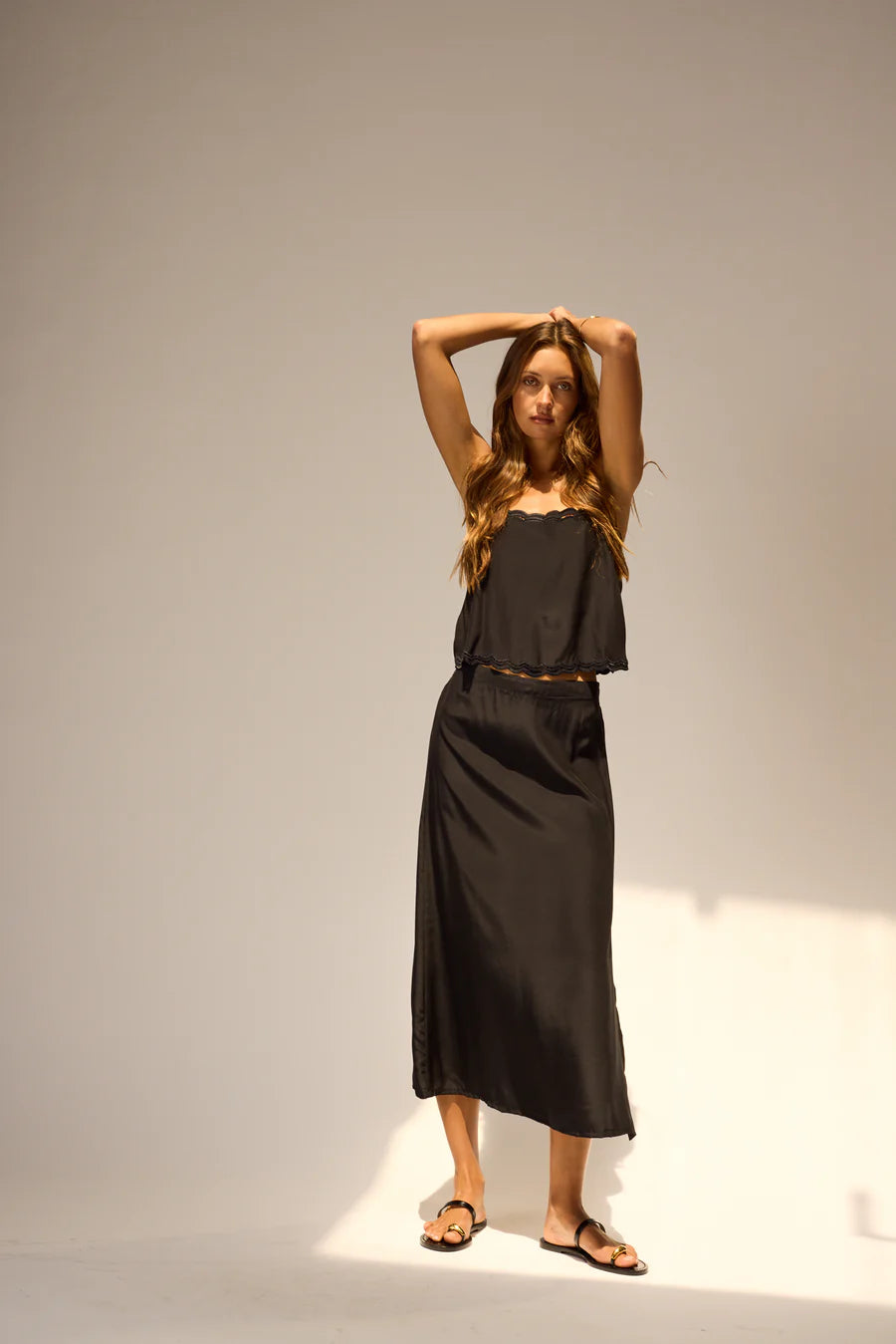 Fern Silk Cami | Black 100% Silk Tank Top with lace trim