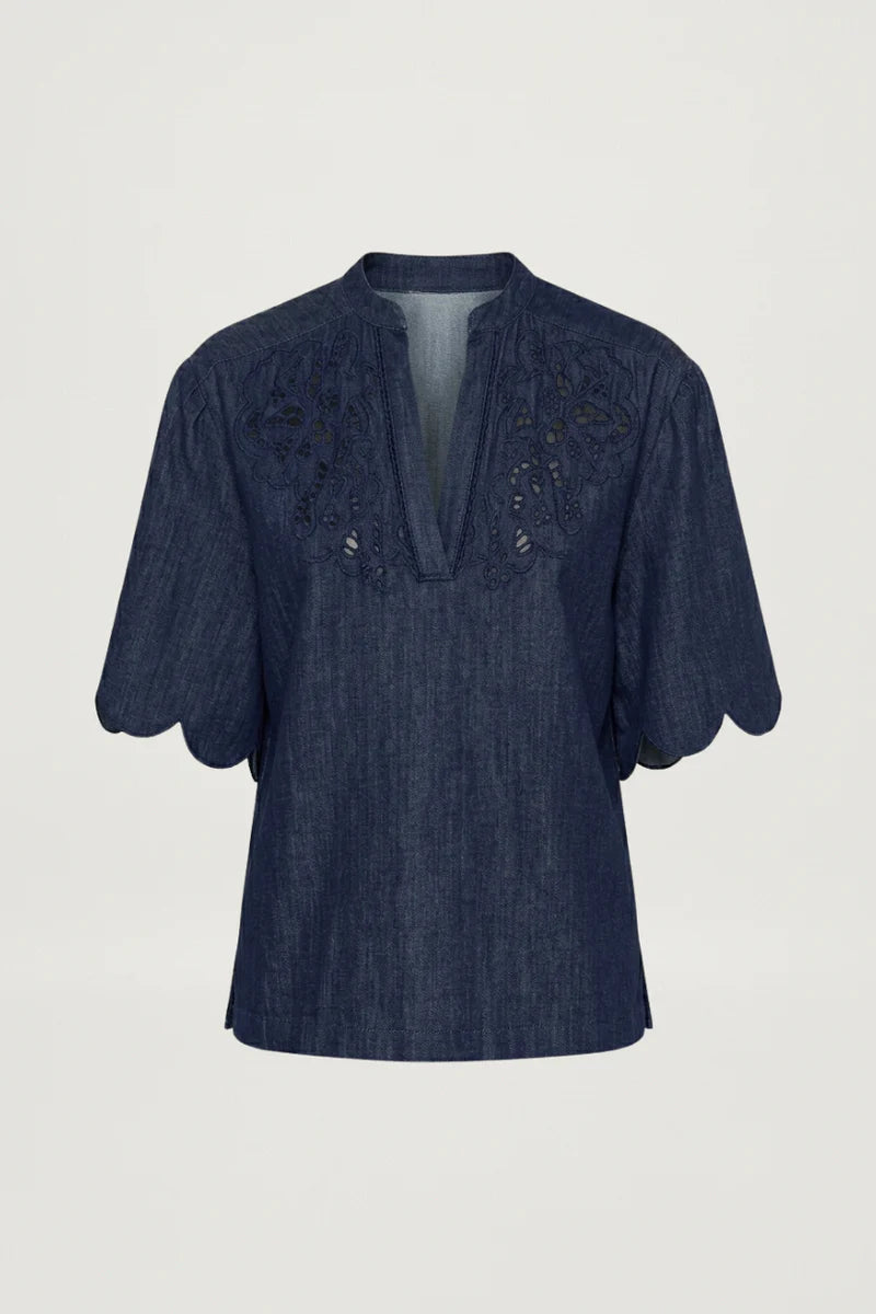 Cotton Denim Embroidered Blouse