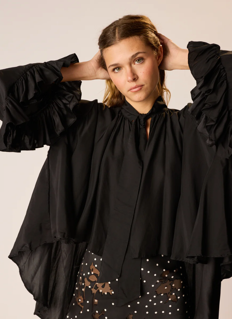Black Silk Cape with Sleeves and Front Tie Detail