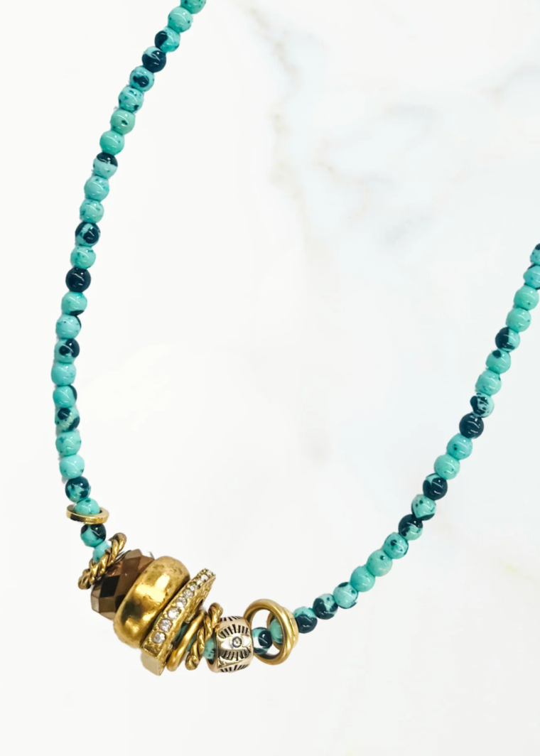 Elizabeth Cole Ines Necklace | Blue Beaded Necklace with Gold accent charms