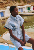 Katja Vest | Embroidered Funnel Neck Denim Vest with Tie