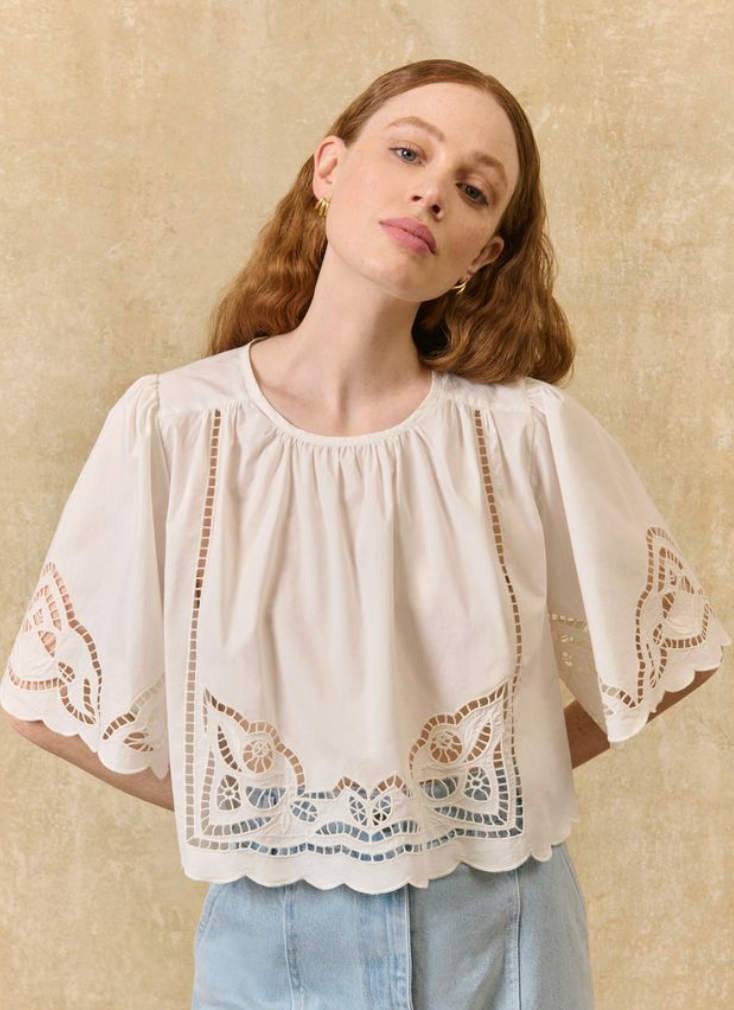 Louvia Cotton Blouse | Scalloped Trim Eyelet Blouse