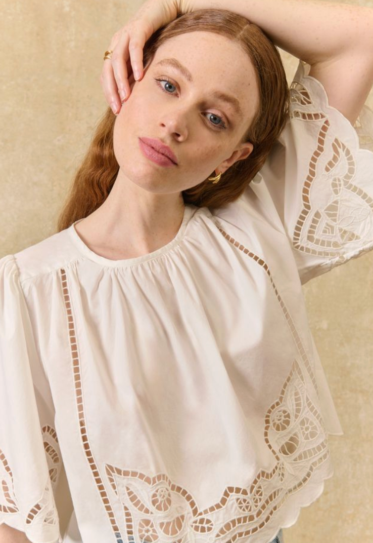 Louvia Cotton Blouse | Scalloped Trim Eyelet Blouse