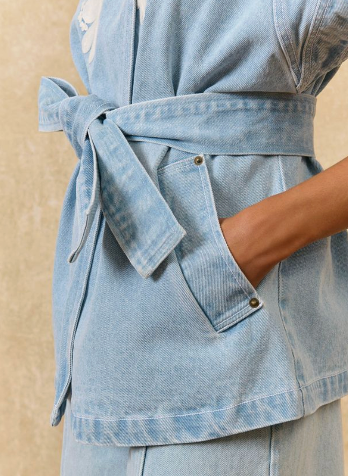 Katja Vest | Embroidered Funnel Neck Denim Vest with Tie