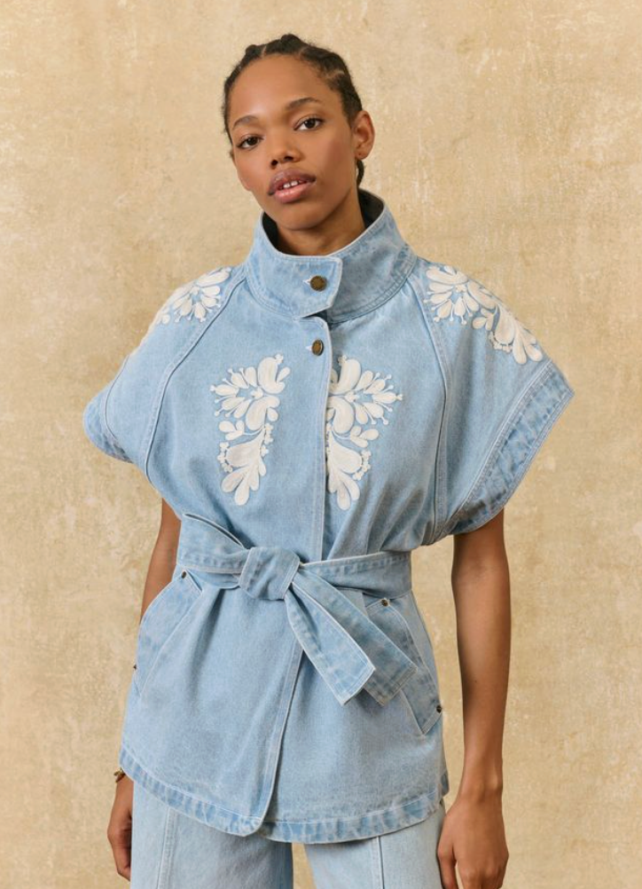 Katja Vest | Embroidered Funnel Neck Denim Vest with Tie