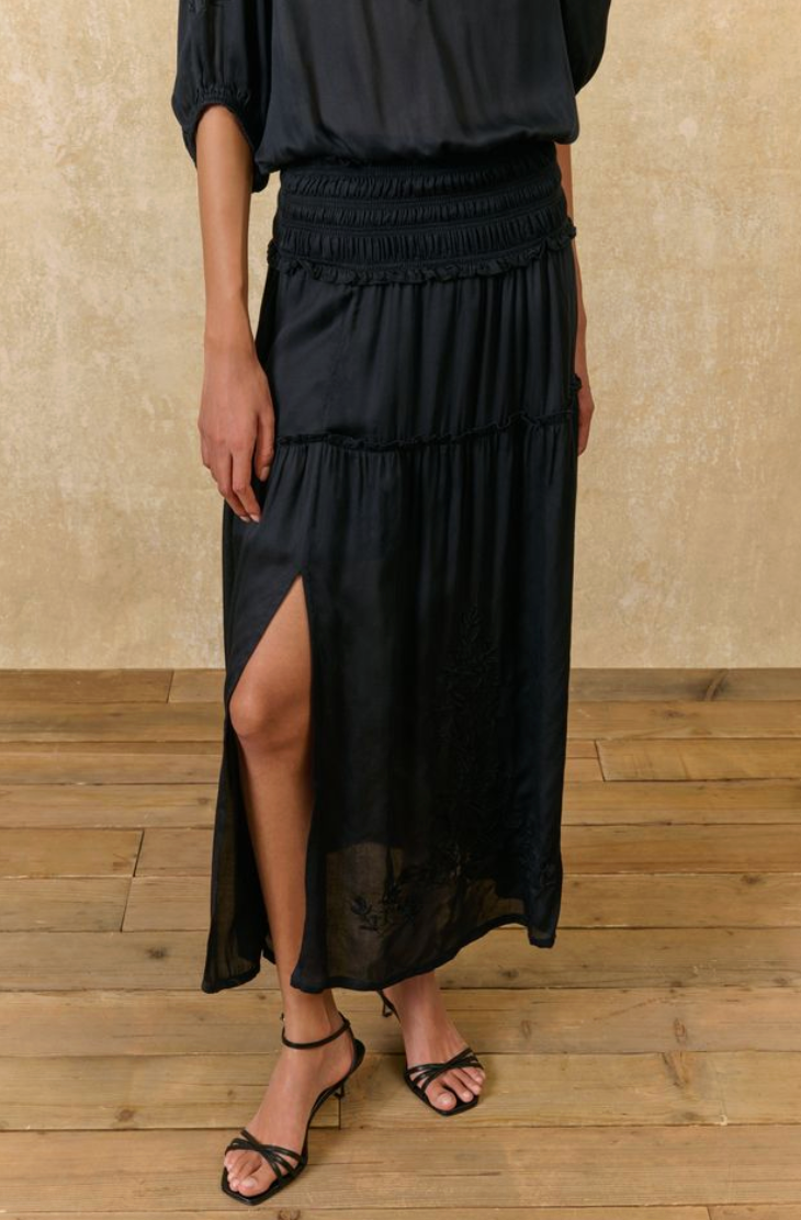 Polly Skirt | Satin Midi Skirt with Side Slit and Embroidery details