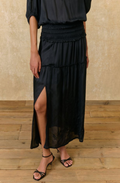 Polly Skirt | Satin Midi Skirt with Side Slit and Embroidery details