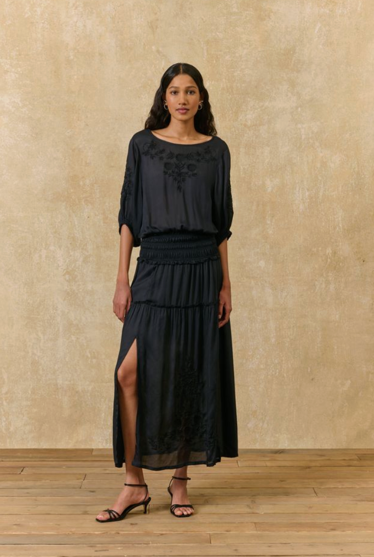 Polly Skirt | Satin Midi Skirt with Side Slit and Embroidery details