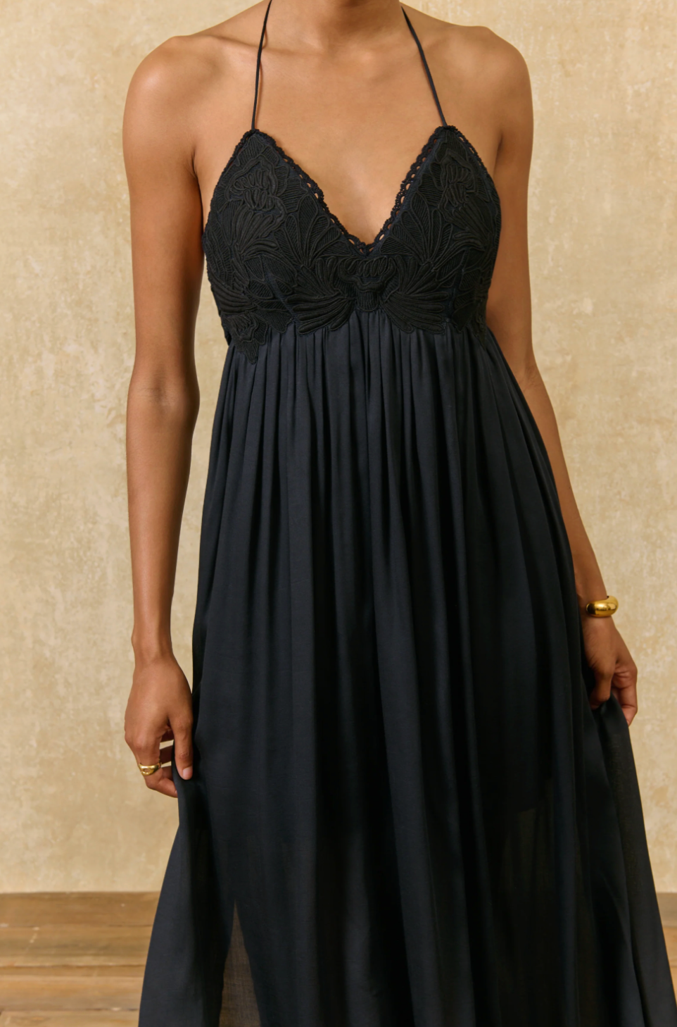 Ysolde Satin Dress | Black A-line Maxi dress with embroidered detail corset