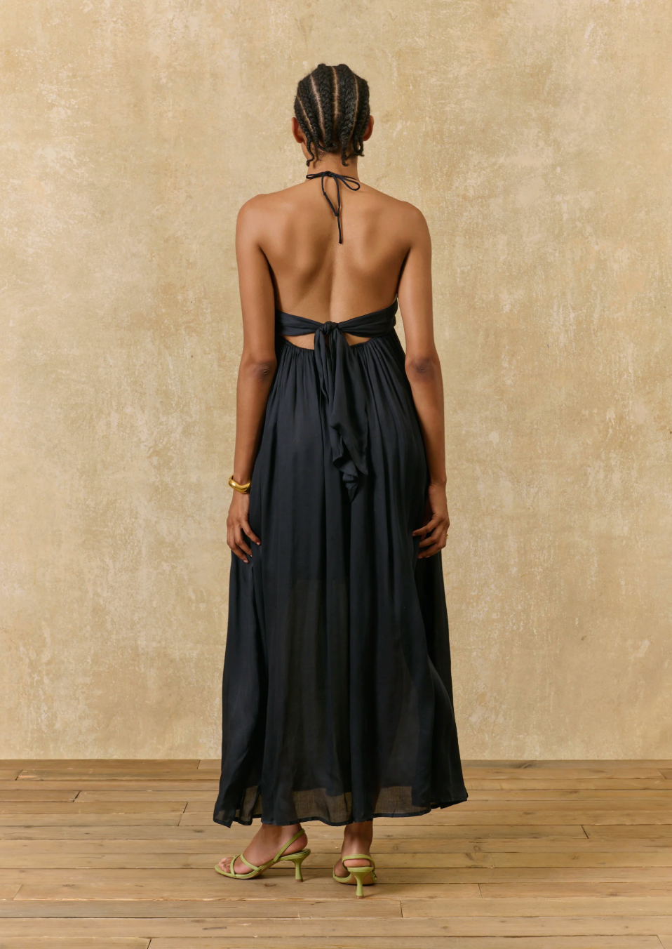 Ysolde Satin Dress | Black A-line Maxi dress with embroidered detail corset