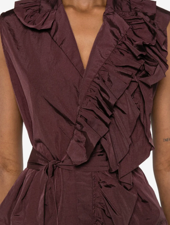 Taffeta Top | Sleeveless Wrap Ruffle Trim Top