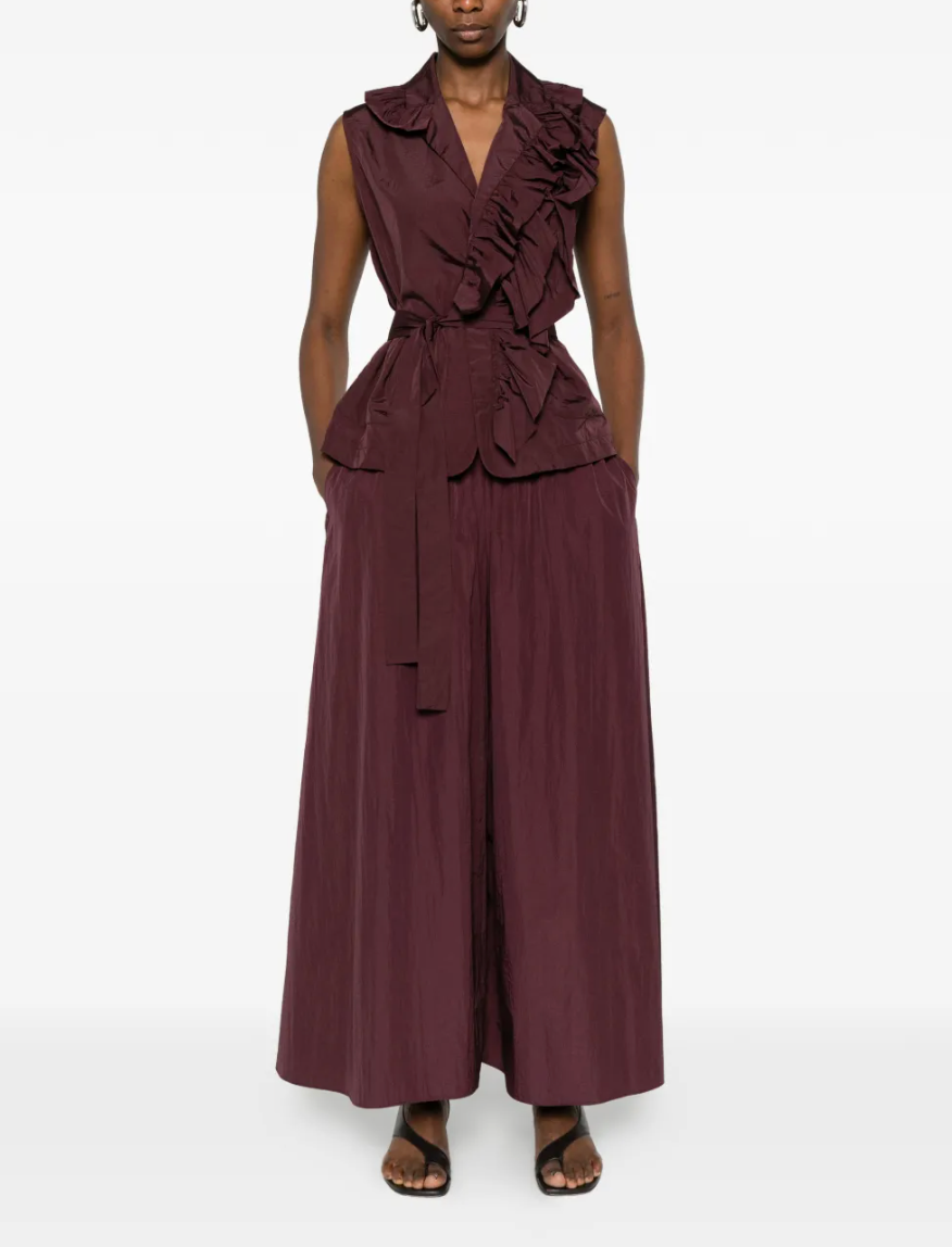 Taffeta Top | Sleeveless Wrap Ruffle Trim Top