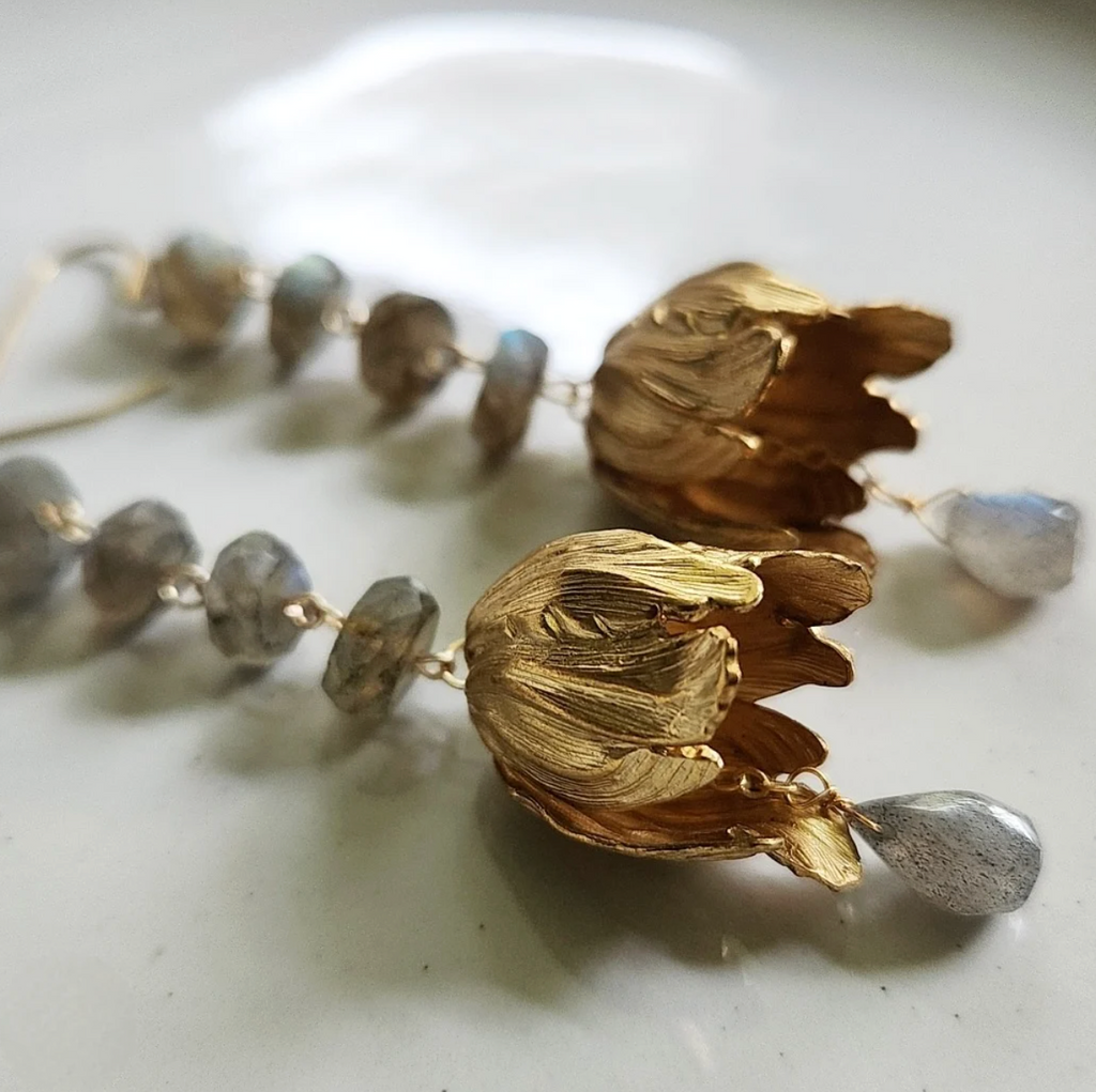 Labradorite and Textured Brass Tulip Earrings