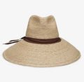 Beige straw hat with a brown band on a white background
