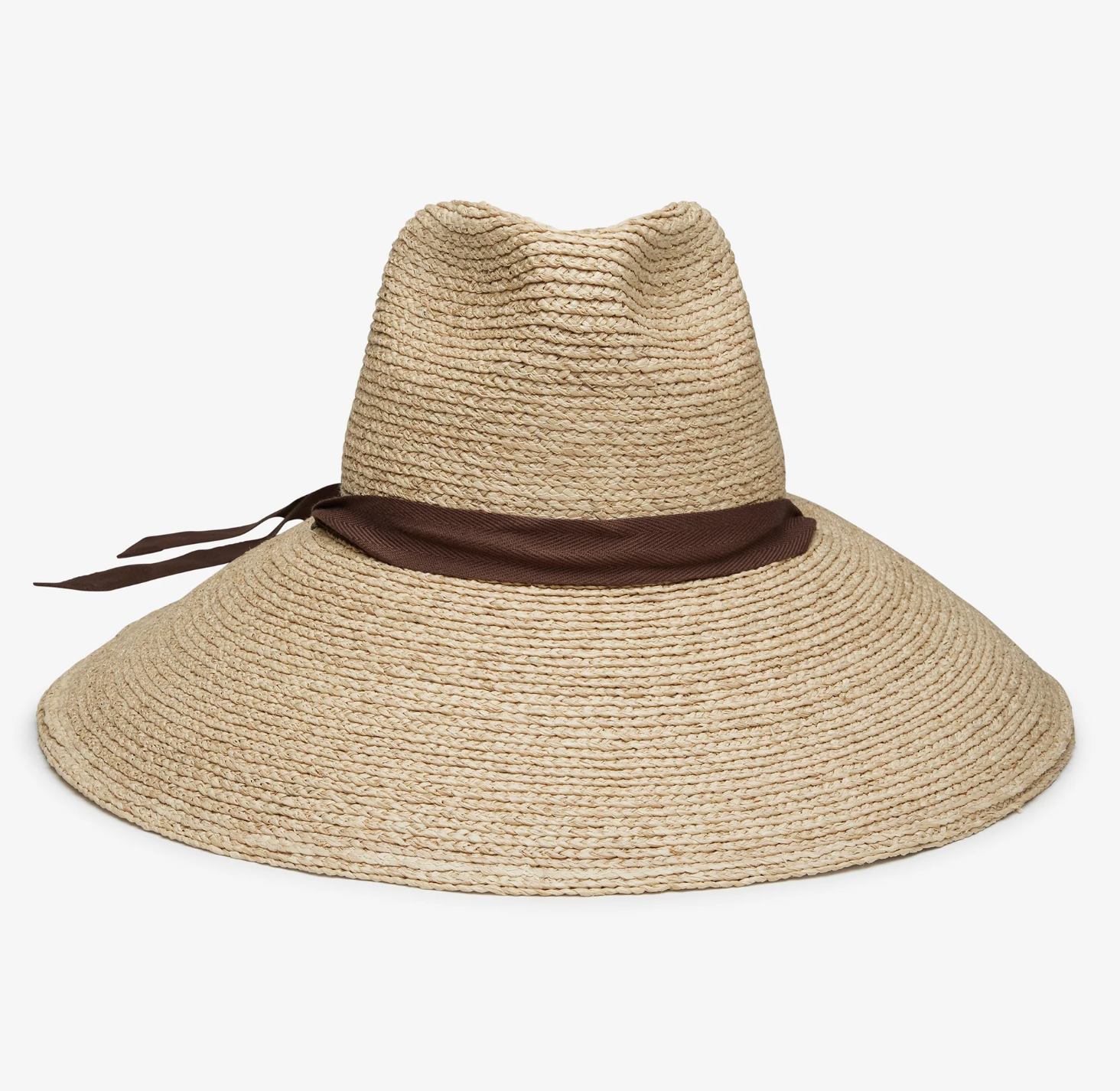 Beige straw hat with a brown band on a white background
