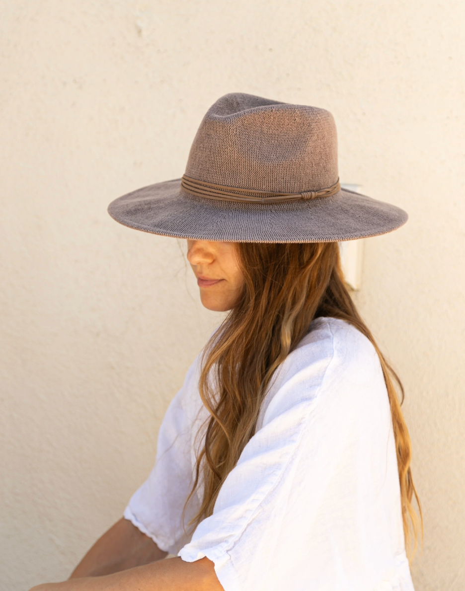 Person wearing a wide-brimmed hat against a plain background