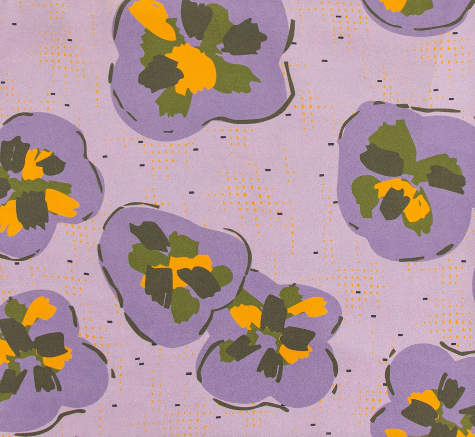 Pattern of purple flowers with yellow centers and green leaves on a light purple background.