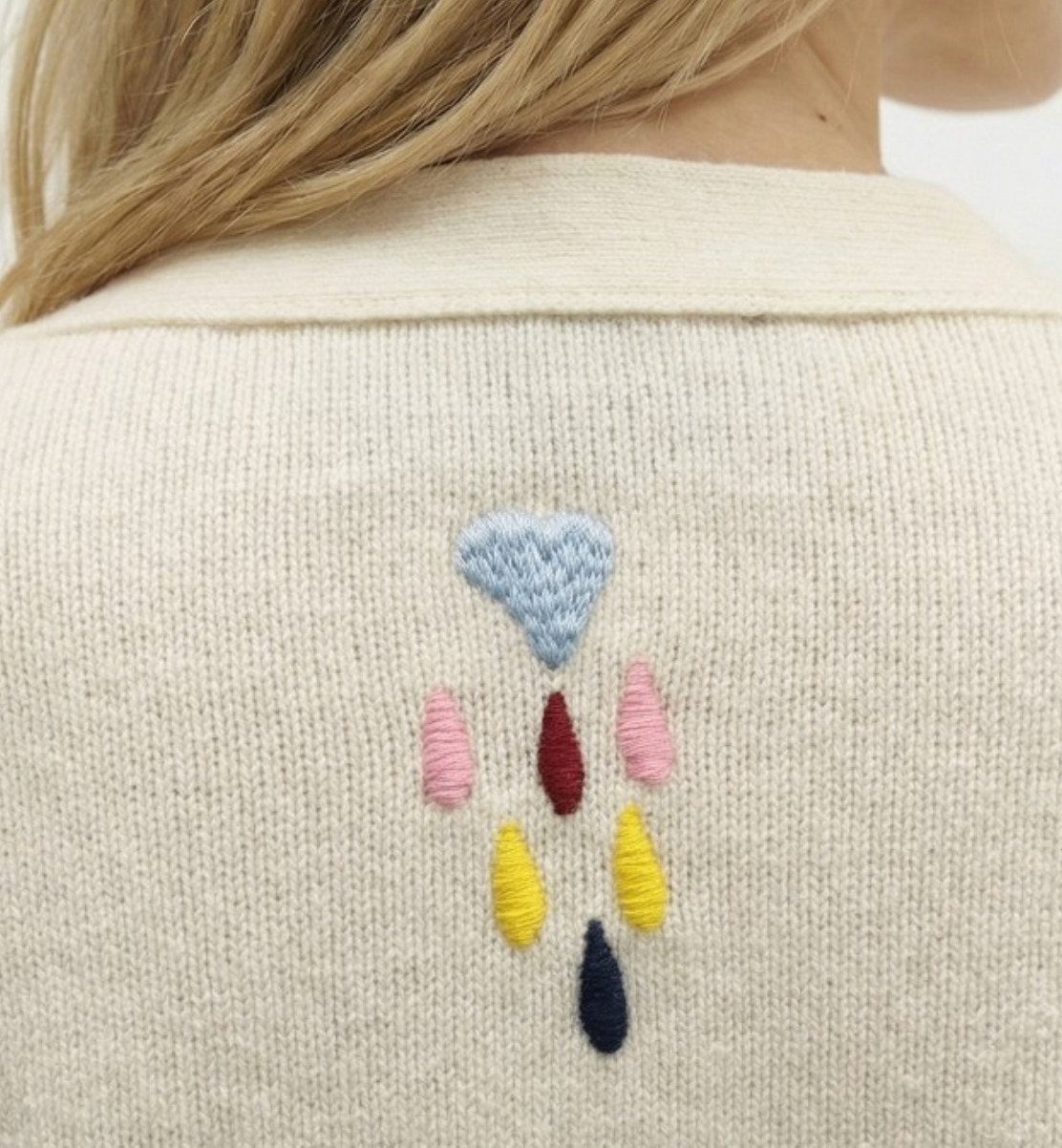 Beige sweater with embroidered colorful design on a plain background