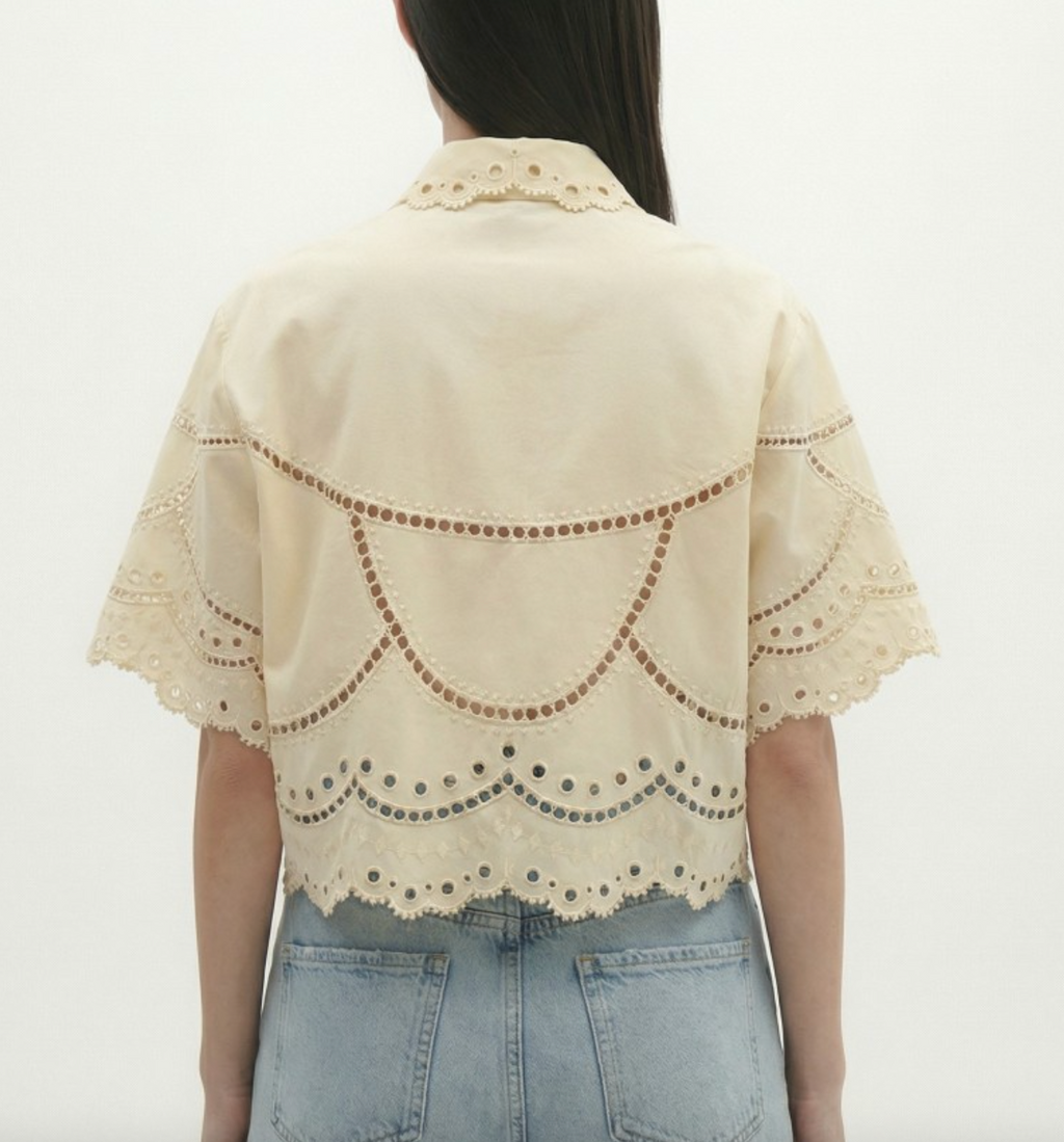 Beige lace shrug over a plain background