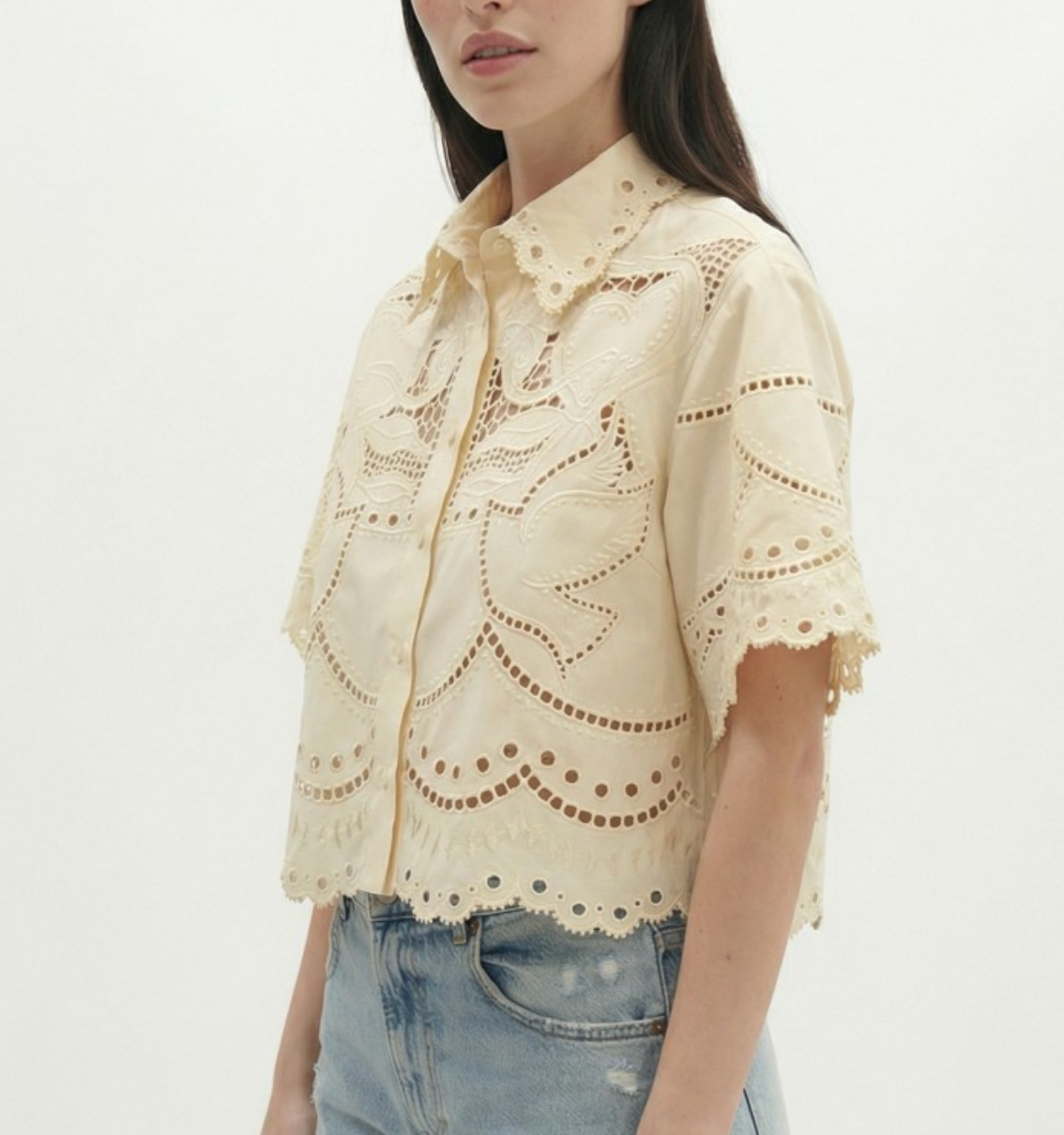Woman wearing a beige lace blouse with short sleeves on a white background