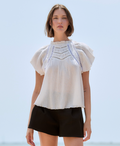 Flowy White Textured Blouse with Lace Details