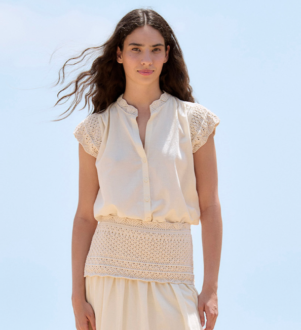 Button Front Embroidered S/S Blouse Mixed knit and woven blouse
