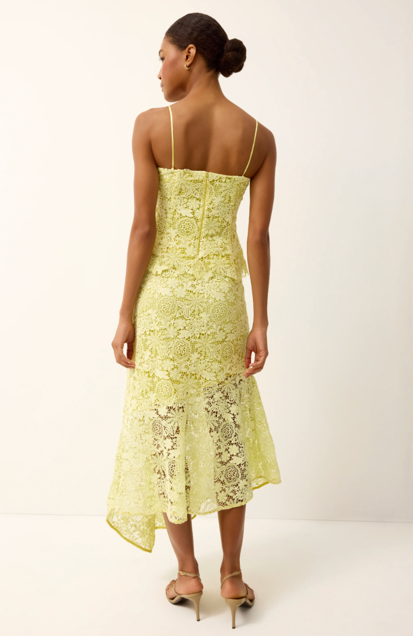 Woman wearing a yellow lace dress on a white background