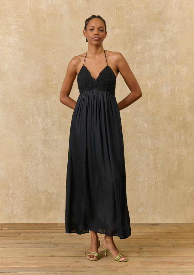 Ysolde Satin Dress | Black A-line Maxi dress with embroidered detail corset