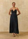 Ysolde Satin Dress | Black A-line Maxi dress with embroidered detail corset