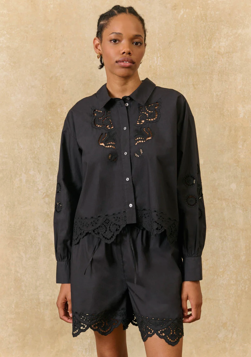 Black Open Embroidered Long Sleeve Top