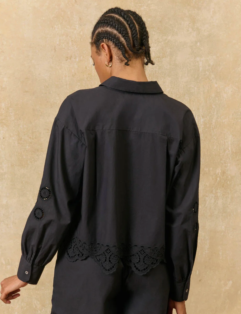 Black Open Embroidered Long Sleeve Top