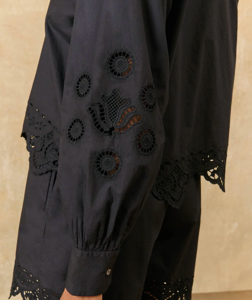 Black Open Embroidered Long Sleeve Top