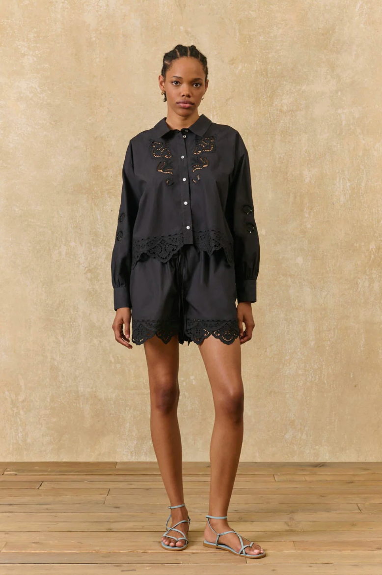 black eyelet button down top  semi-cropped with lace trip 