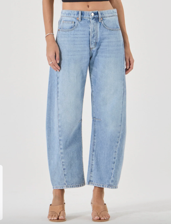 Light blue arc barrel jeans worn by a person on a white background