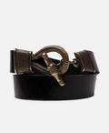 Black belt with a large metallic buckle on a white background