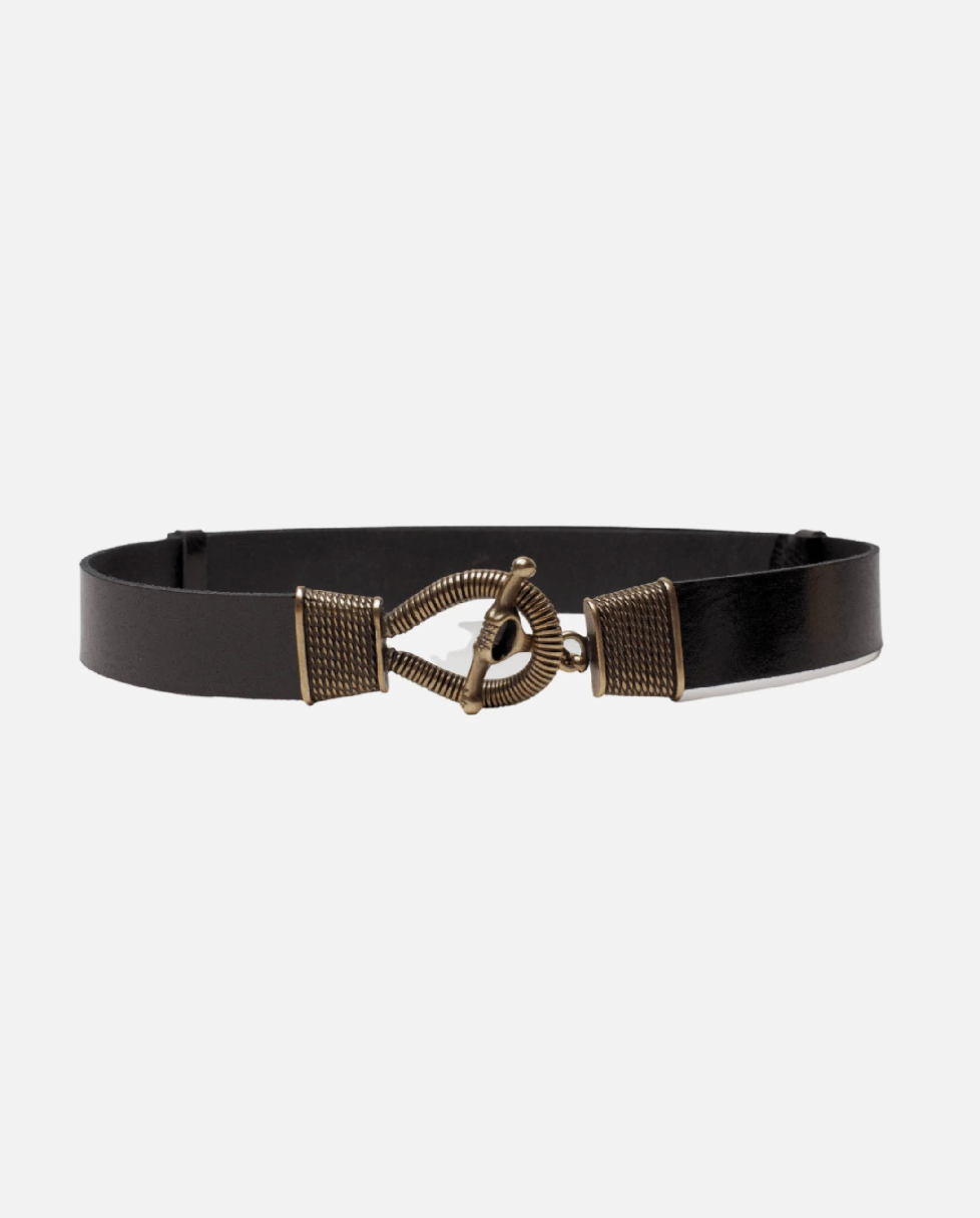 Black belt with a decorative gold buckle on a white background