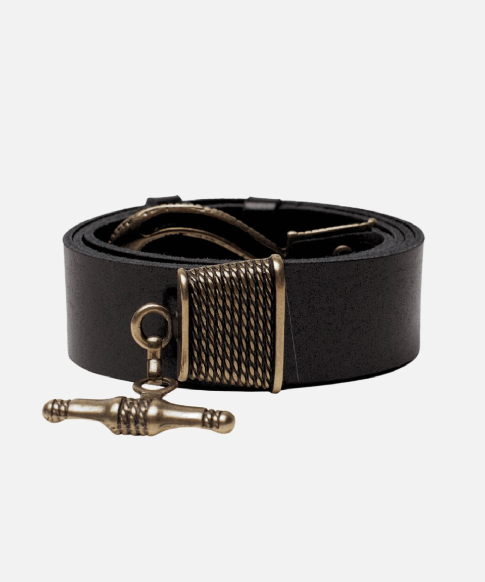 Black leather belt with gold buckle on a white background