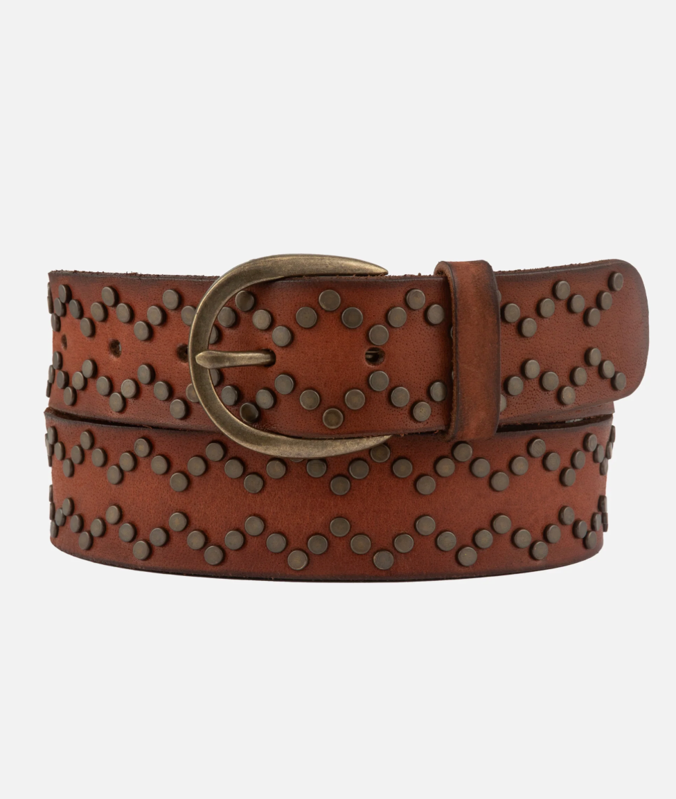Brown leather belt with studded details on a white background
