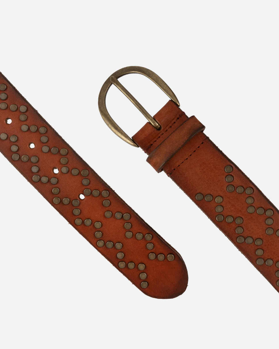 Brown leather belt with studded details on a white background
