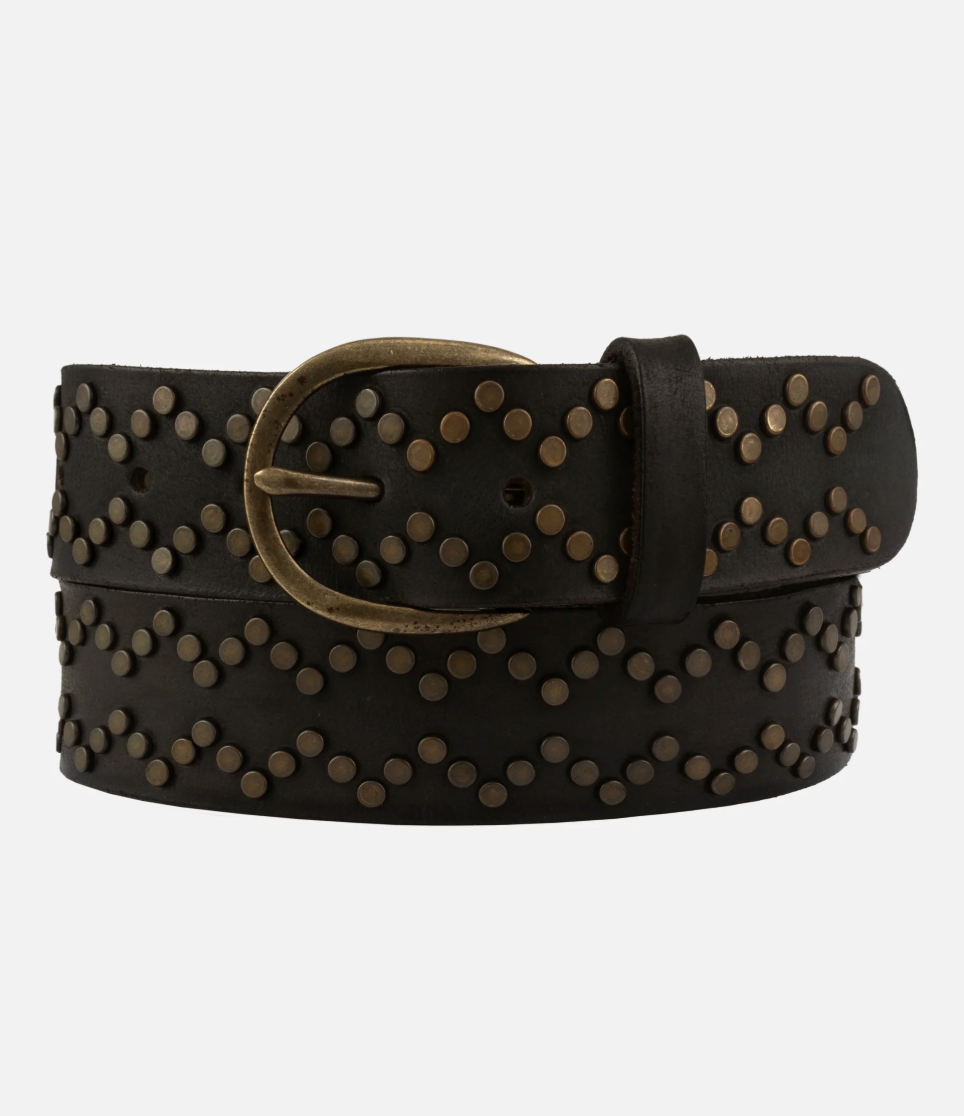 Black studded belt with a gold buckle on a white background