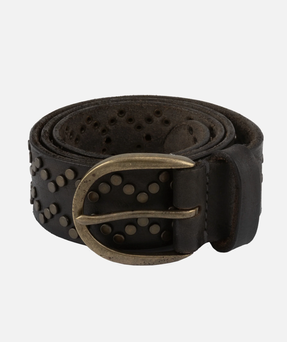 Black leather belt with studded design on a white background